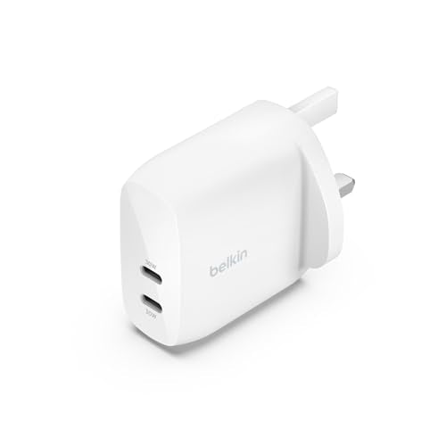 Belkin BoostCharge dual USB-C plug with PPS, 60W phone charger for iPhone 16 and other, iPad, Samsung Galaxy, Google Pixel, MacBook - compatible w/ USB-C to lightning cable & USB-C to USB-C - white
