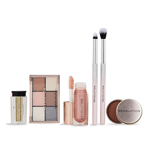 Revolution Beauty Pink Glow Get The Look Makeup Gift Set, 6-Piece Gift Set with Eye Brushes, Balm, Eyeshadow, Lip Shimmer, & Body Glitter, Cruelty-Free