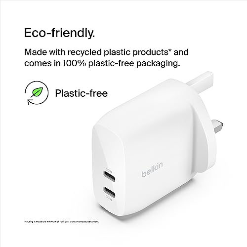 Belkin BoostCharge dual USB-C plug with PPS, 60W phone charger for iPhone 16 and other, iPad, Samsung Galaxy, Google Pixel, MacBook - compatible w/ USB-C to lightning cable & USB-C to USB-C - white