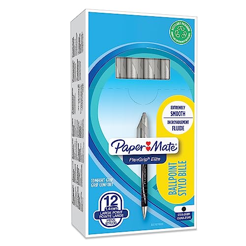 Paper Mate Flexgrip Elite Ballpoint Pens | Large Point (1.4mm) | Black | Retractable | 12 Count