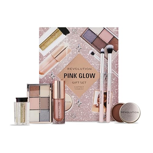 Revolution Beauty Pink Glow Get The Look Makeup Gift Set, 6-Piece Gift Set with Eye Brushes, Balm, Eyeshadow, Lip Shimmer, & Body Glitter, Cruelty-Free