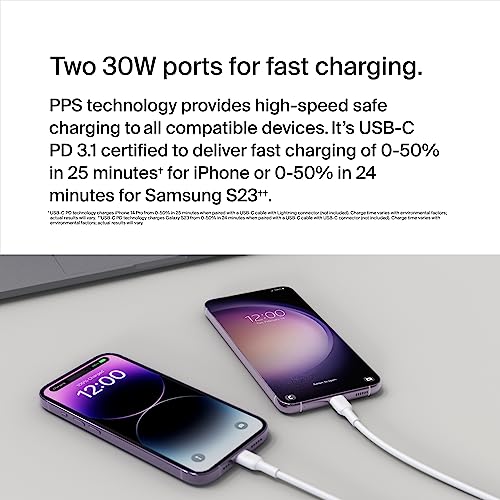 Belkin BoostCharge dual USB-C plug with PPS, 60W phone charger for iPhone 16 and other, iPad, Samsung Galaxy, Google Pixel, MacBook - compatible w/ USB-C to lightning cable & USB-C to USB-C - white