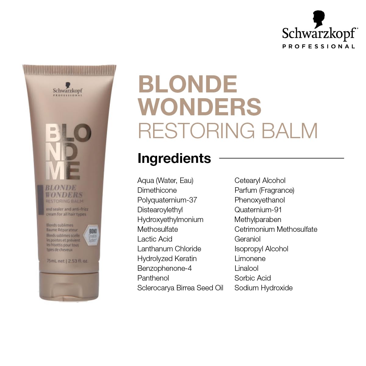 Schwarzkopf Professional BLONDME Blonde Wonders Restoring Balm For Colored Lighthened Bleached Hair 3D Bond Creation Technology Reducing Frizz Thermo Protect UV Protection Prevents Hair Breakage 75 ml