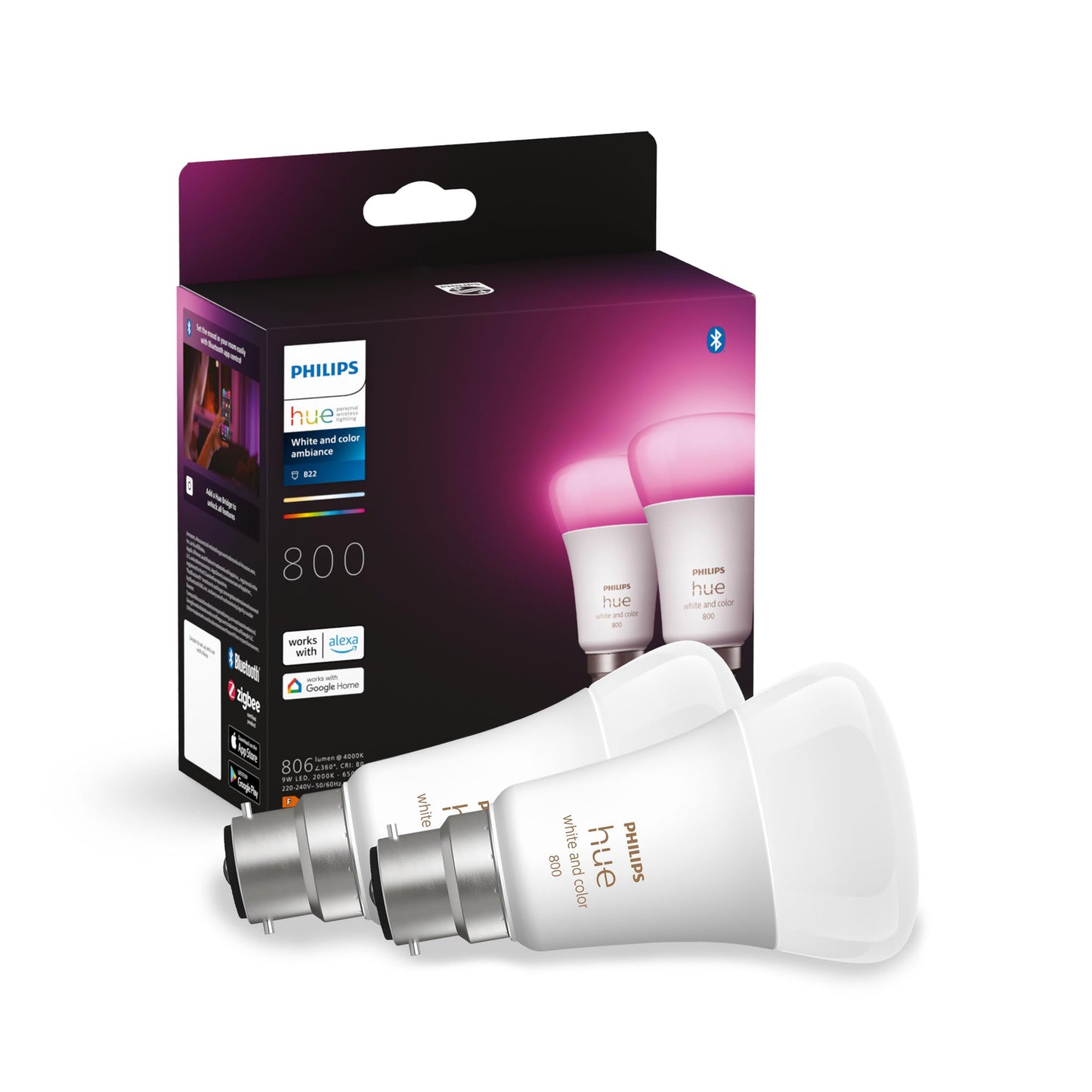 Philips Hue Starterkit White and Colour Ambience 2 Pack B22 Bulbs 800 lumens and Bridge