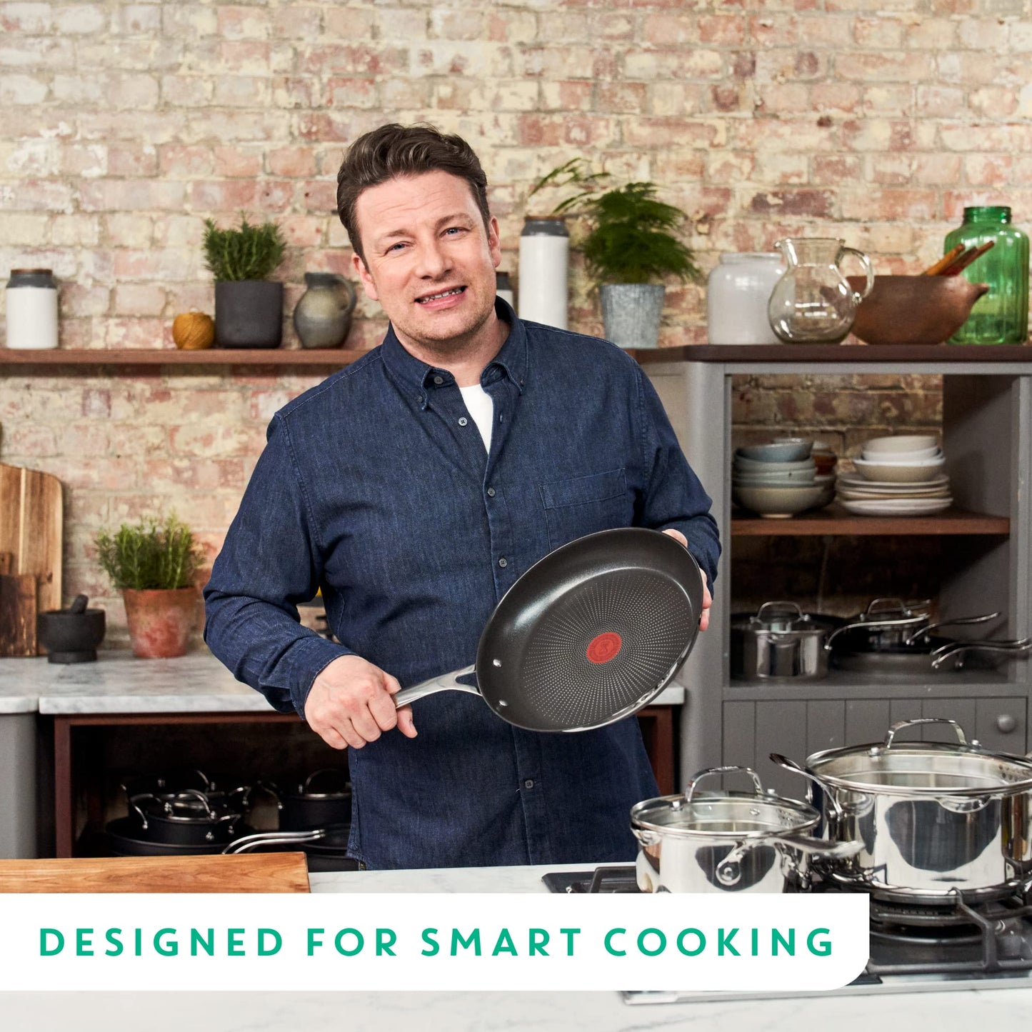Tefal Jamie Oliver Cook's Direct Stainless Steel Frying Pan, 24 cm, Non-Stick Coating, Heat Indicator, Riveted Safe-Grip Handle, Induction Hob Compatible, E3040444