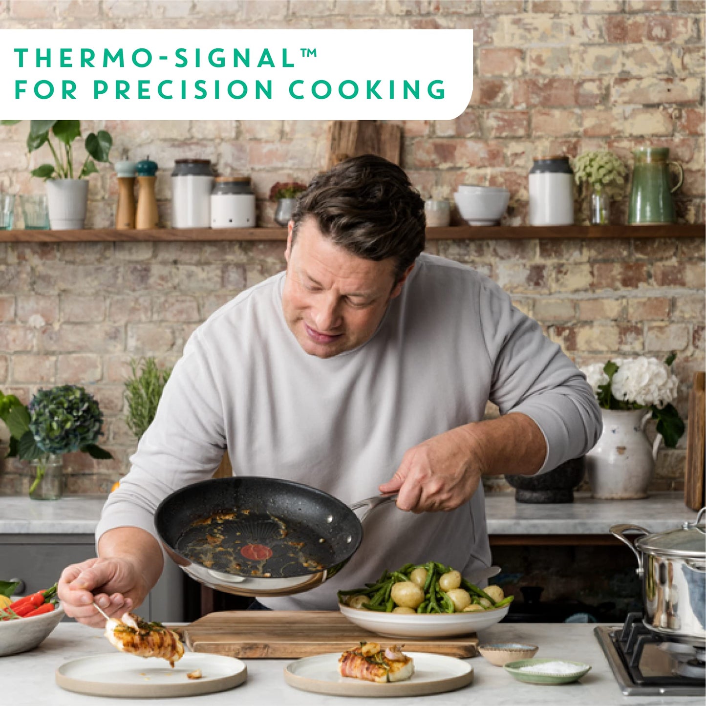 Tefal Jamie Oliver Cook's Direct Stainless Steel Frying Pan, 24 cm, Non-Stick Coating, Heat Indicator, Riveted Safe-Grip Handle, Induction Hob Compatible, E3040444